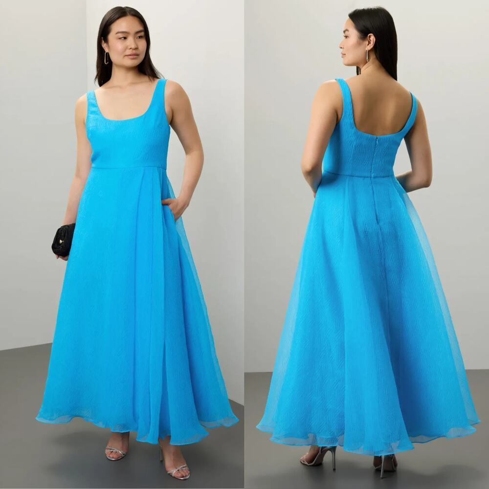 ML Monique Lhuillier Clara Dress Sleeveless Scoop Neck Organza Ball Gown Blue 14